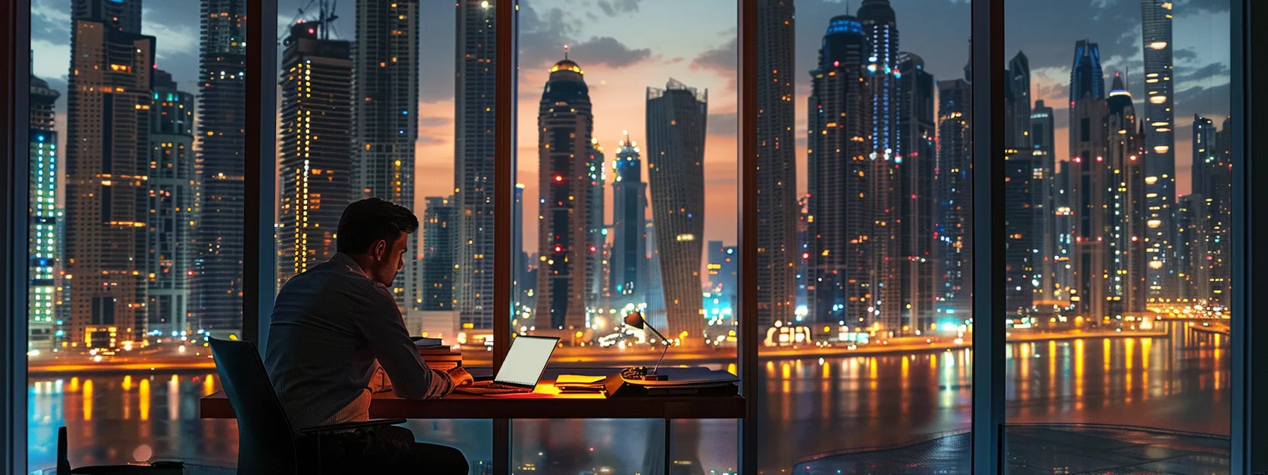 a focused tax consultant reviewing financial documents under the glowing lights of dubai world trade centre.