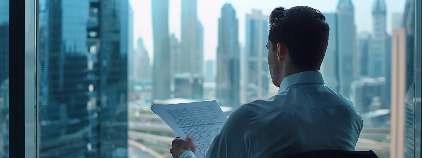 a gleaming dubai skyline backdrop as a company executive confidently reviews a meticulously organized tax filing report.