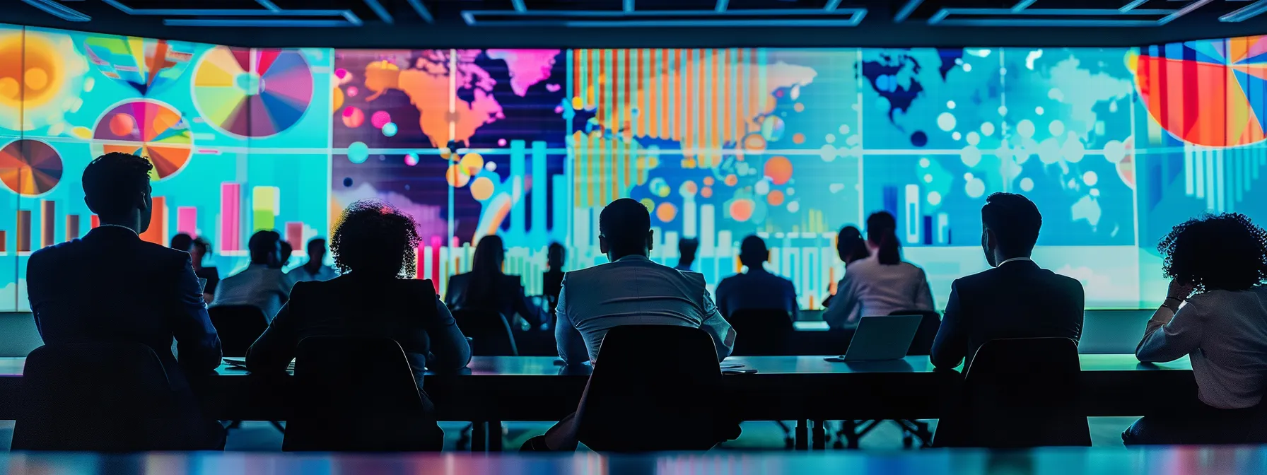 a group of business executives studying colorful graphs and charts projected on a large screen, discussing strategy implementation based on market trends and forecasts.