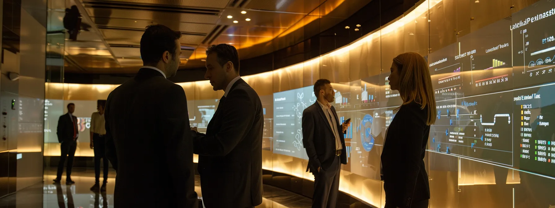 a group of business professionals deep in discussion, analyzing data charts and customer profiles on a digital screen in a modern office setting.