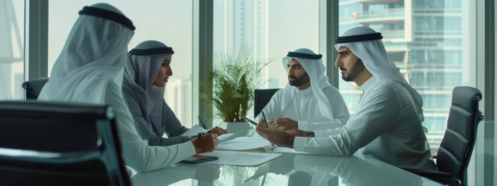 a group of focused professionals reviewing financial documents during a compliance audit in a sleek office in dubai.