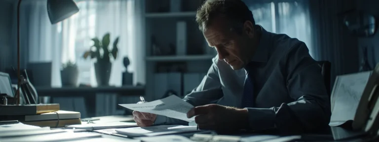 a professional auditor examining financial documents in a modern office setting.