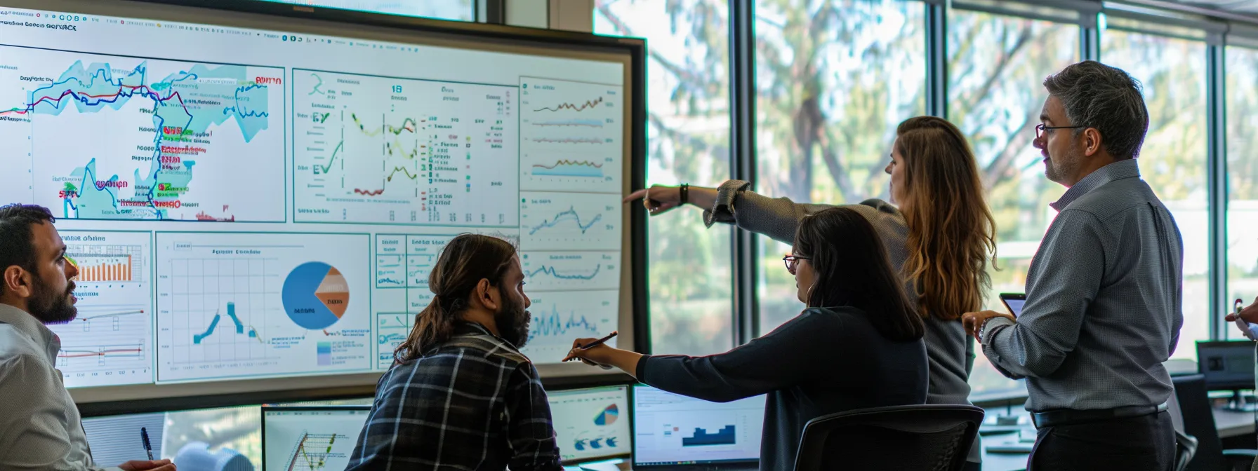 a team of professionals poring over detailed charts and graphs, brainstorming and strategizing together in a modern office setting.