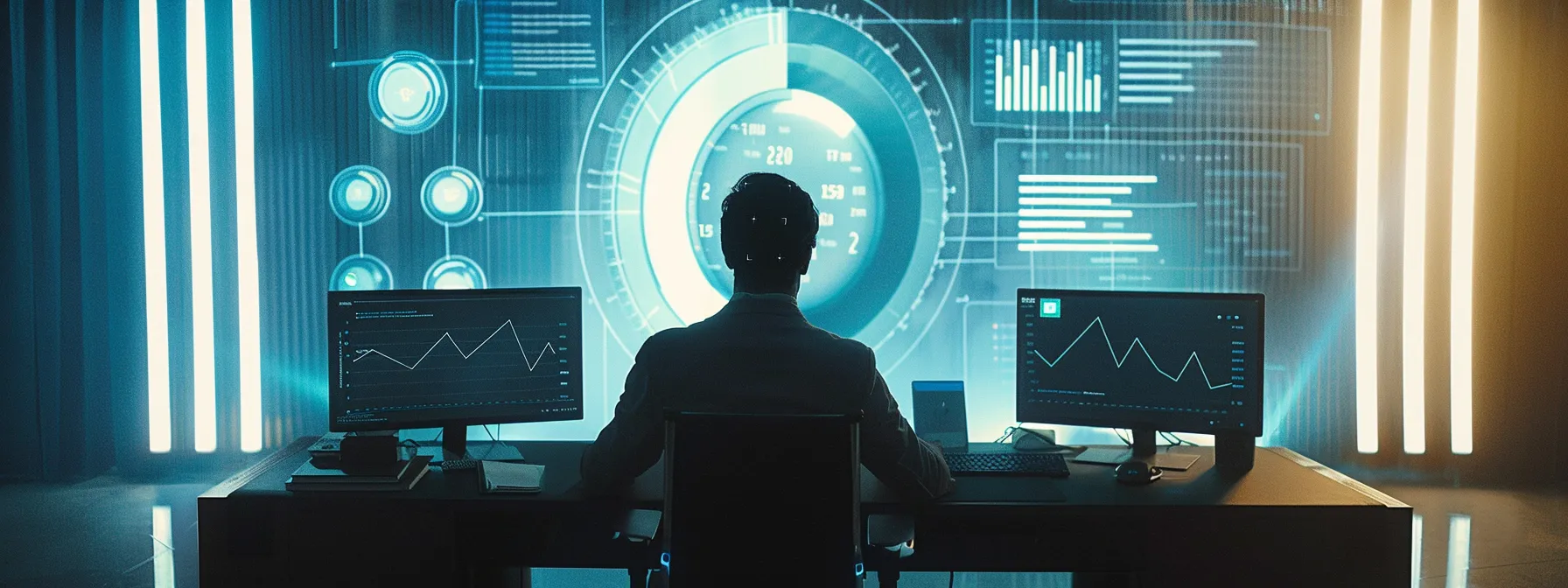 a business owner analyzing real-time financial reports on a sleek, modern computer screen, surrounded by graphs and charts depicting cash flow and profitability metrics, with a futuristic virtual assistant by their side.