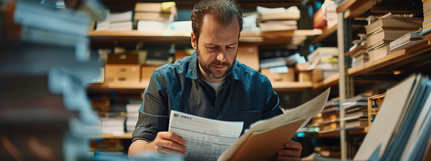 a business owner carefully reviewing detailed accounting reports with a focused expression, surrounded by shelves of ledger books and modern financial software.