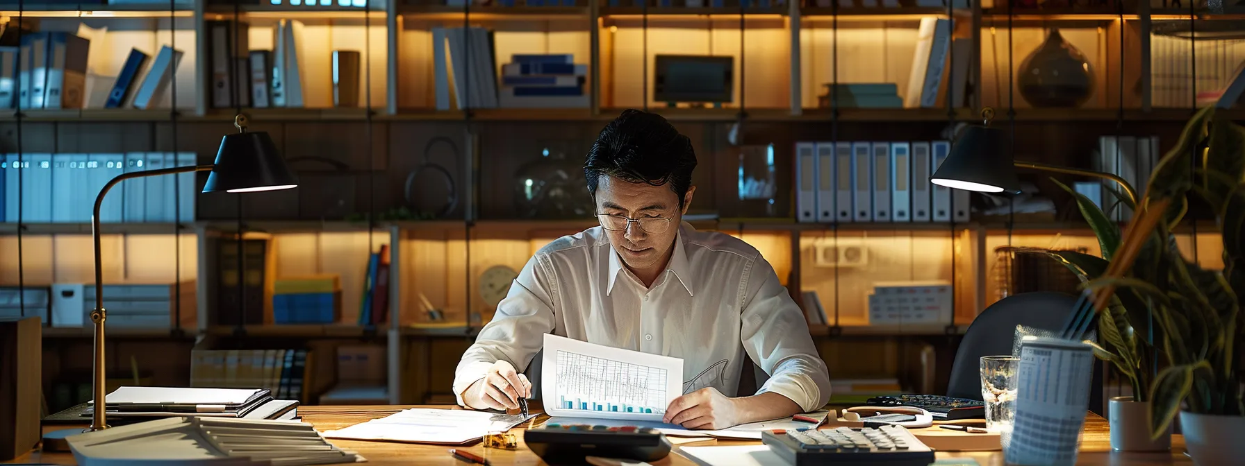 a business owner meticulously reviewing a detailed financial report with charts and graphs, surrounded by calculators and tax forms on a sleek desk in a modern office setting.