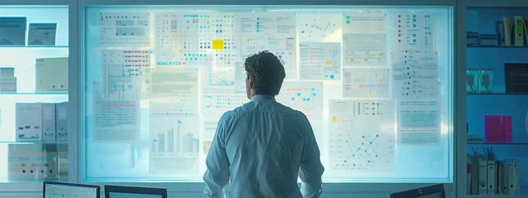 a businessman studying a complex flowchart of uae corporate tax laws in a bright, modern office setting.