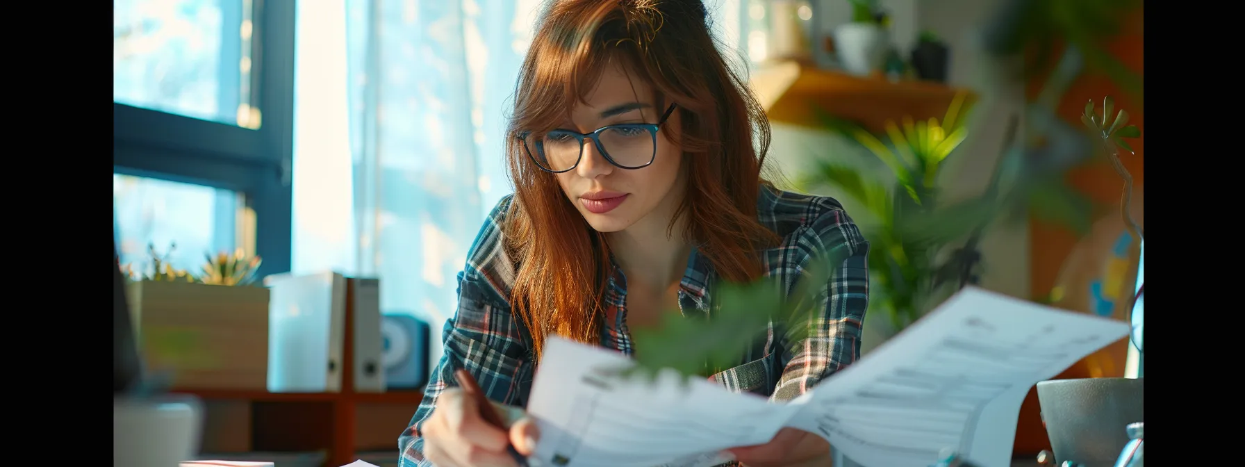 a focused entrepreneur confidently reviewing tax documents with cloudberry's expert guidance at a modern office desk.