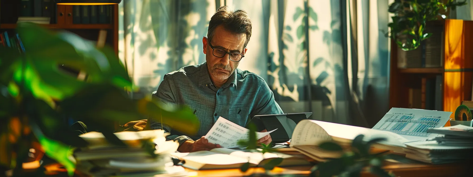 a focused entrepreneur surrounded by organized financial documents and a calendar marked with uae tax deadlines, showcasing meticulous preparation for tax filing.