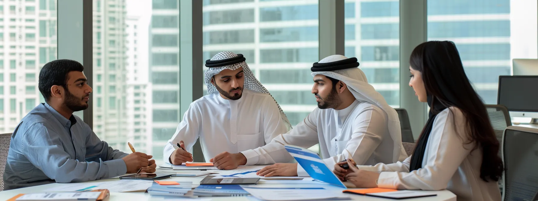 a group of diverse entrepreneurs in dubai consulting with cloudberry experts on tax laws, surrounded by charts and documents in a modern office setting.