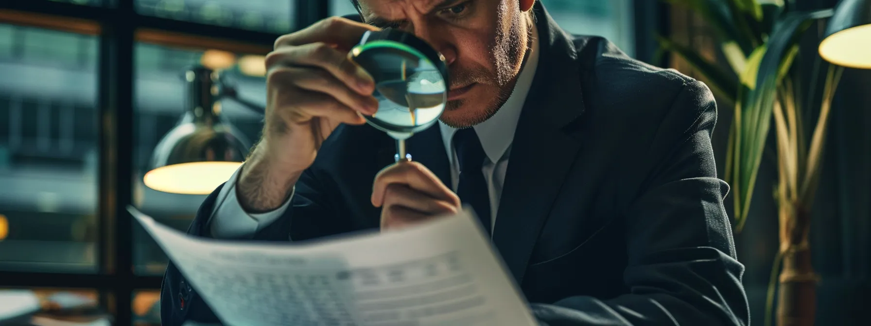 a professional accountant carefully reviewing documents with a magnifying glass in a modern office setting in the uae.