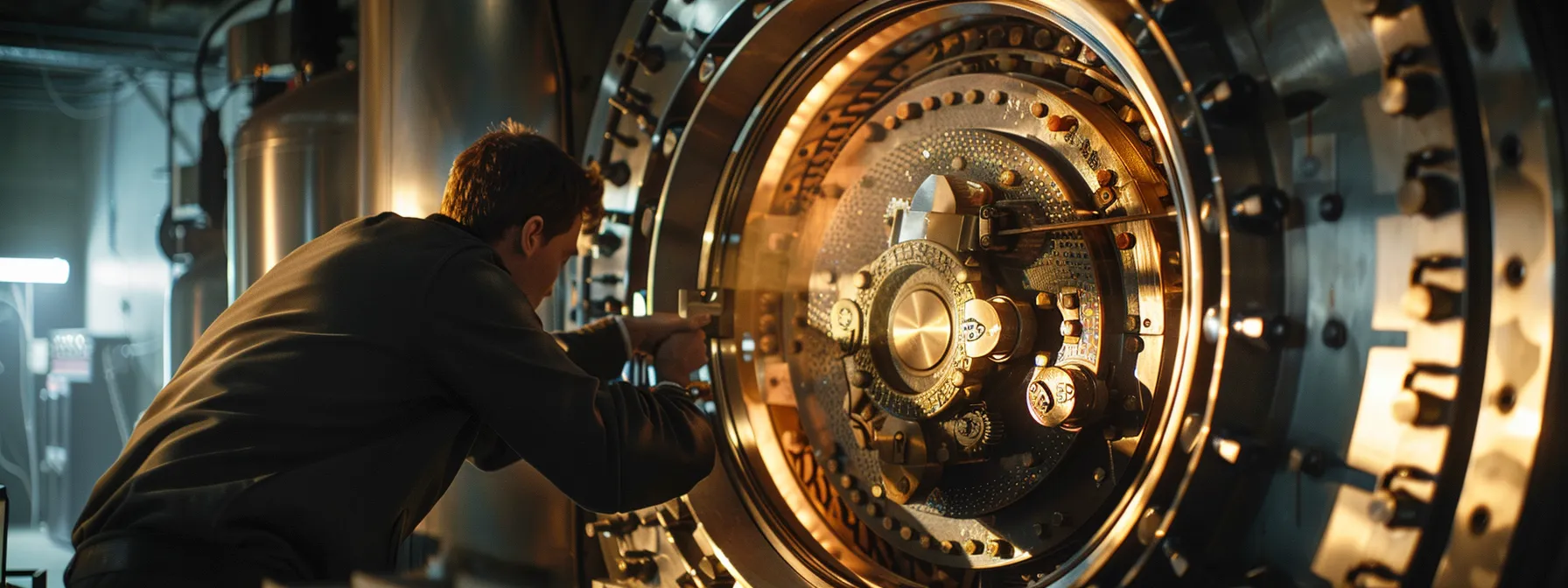 a secure vault with intricate locks and an attentive cfo inspecting the controls for fraud prevention.