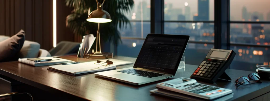 a sleek, modern office desk with a laptop, calculator, and financial documents, symbolizing efficiency and professionalism in accounting outsourcing for smes.